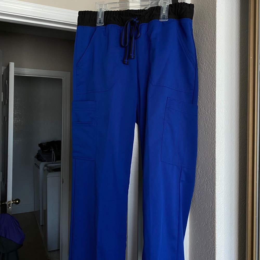 Blue and black drawstring scrub bottoms